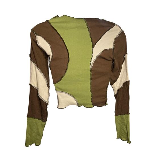 Minga London Green Brown Patchwork Lettuce Hem Long Sleeve Crop Top Size X-Small - Picture 2 of 5